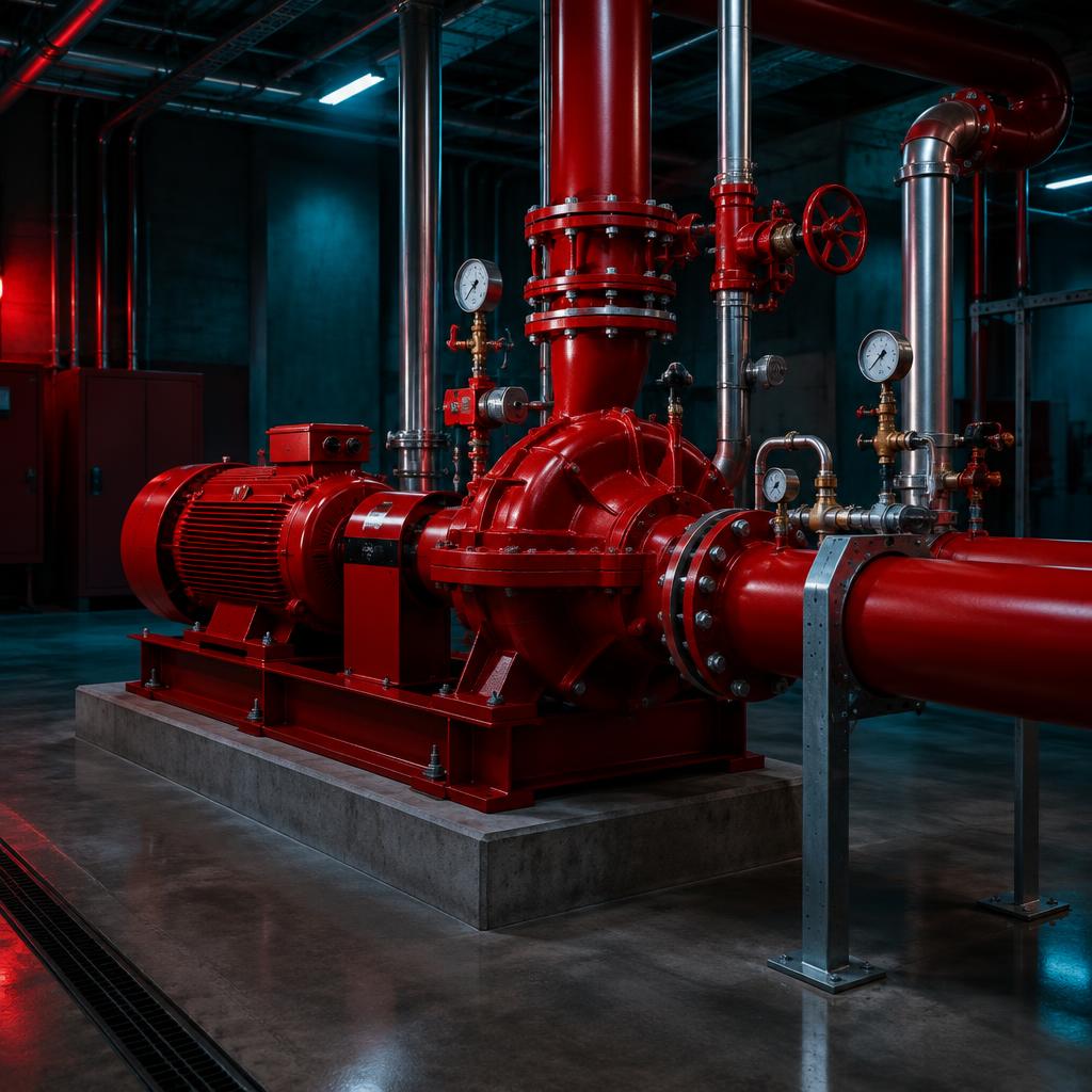 Clean commercial fire pump installation with gauges and piping