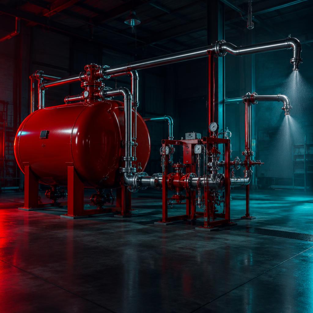 Industrial foam fire suppression system with tank and piping