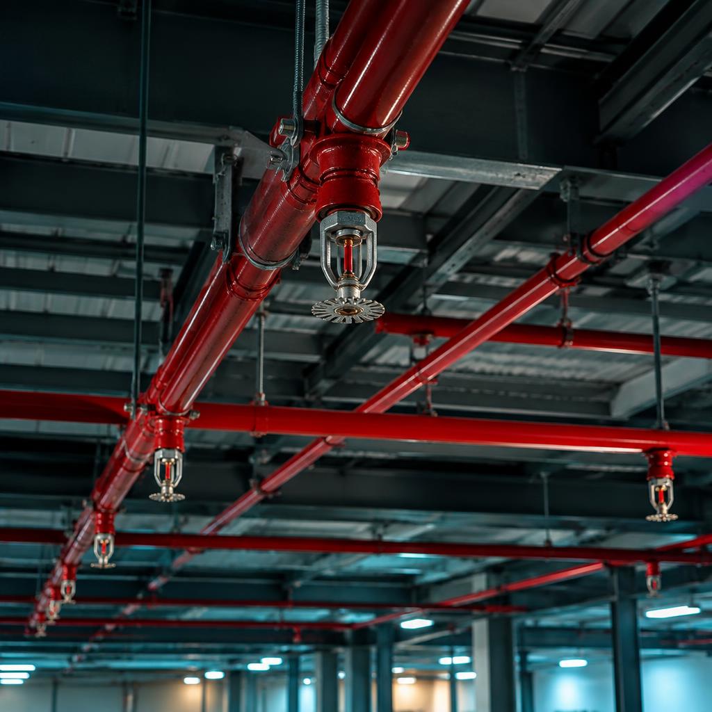 Fire sprinkler piping and pendent sprinkler heads on an industrial ceiling